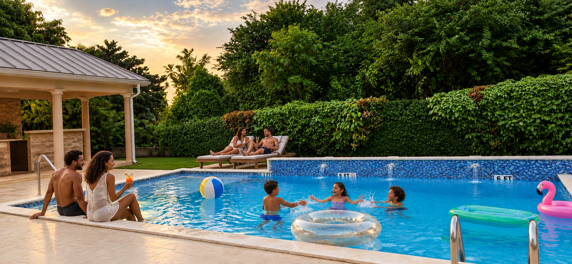 Sunset poolside enjoyment with families lounging and swimming by the gazebo