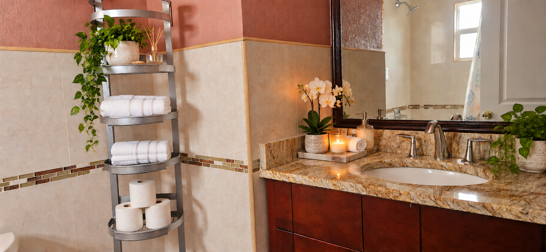 Ensuite bathroom for Bedroom 4 with granite vanity, designer tile accents, and towel tower