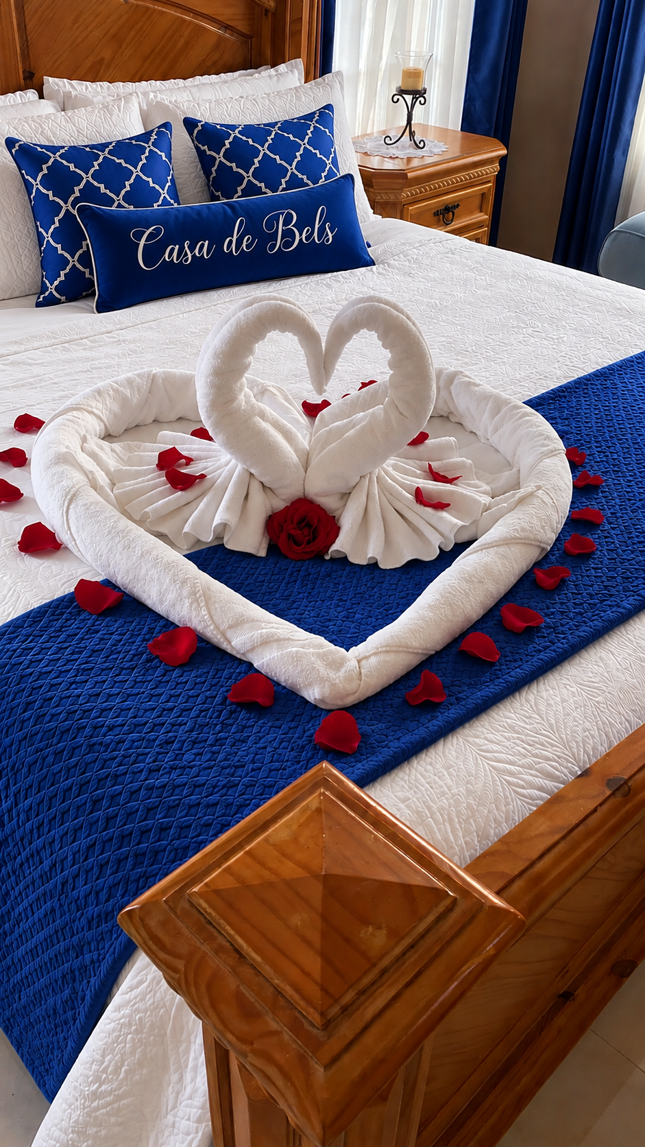 Master bedroom suite with carved wood bed, swan towel welcome, and Casa de Bells pillow