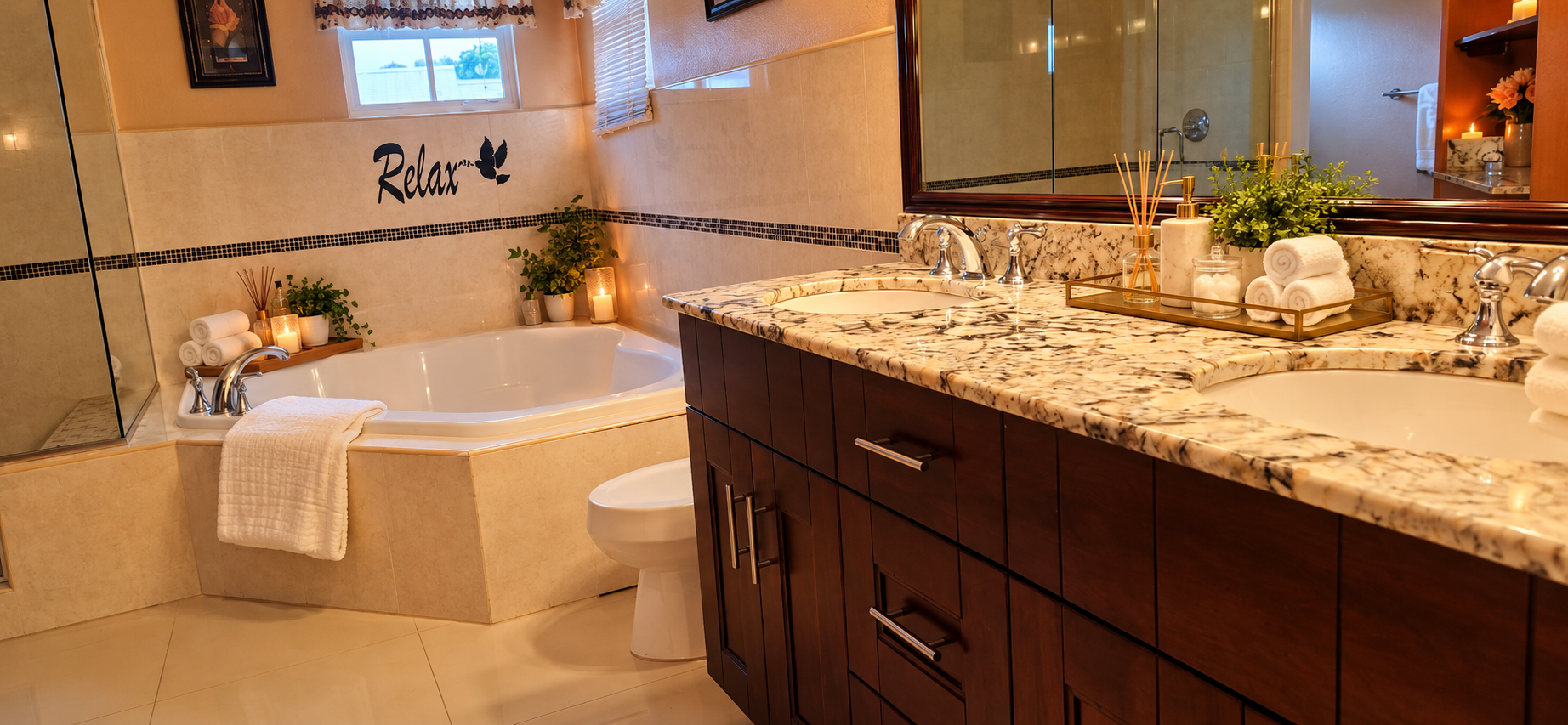 Master bathroom: primary ensuite with double vanity, jacuzzi soaking tub, and custom finishes