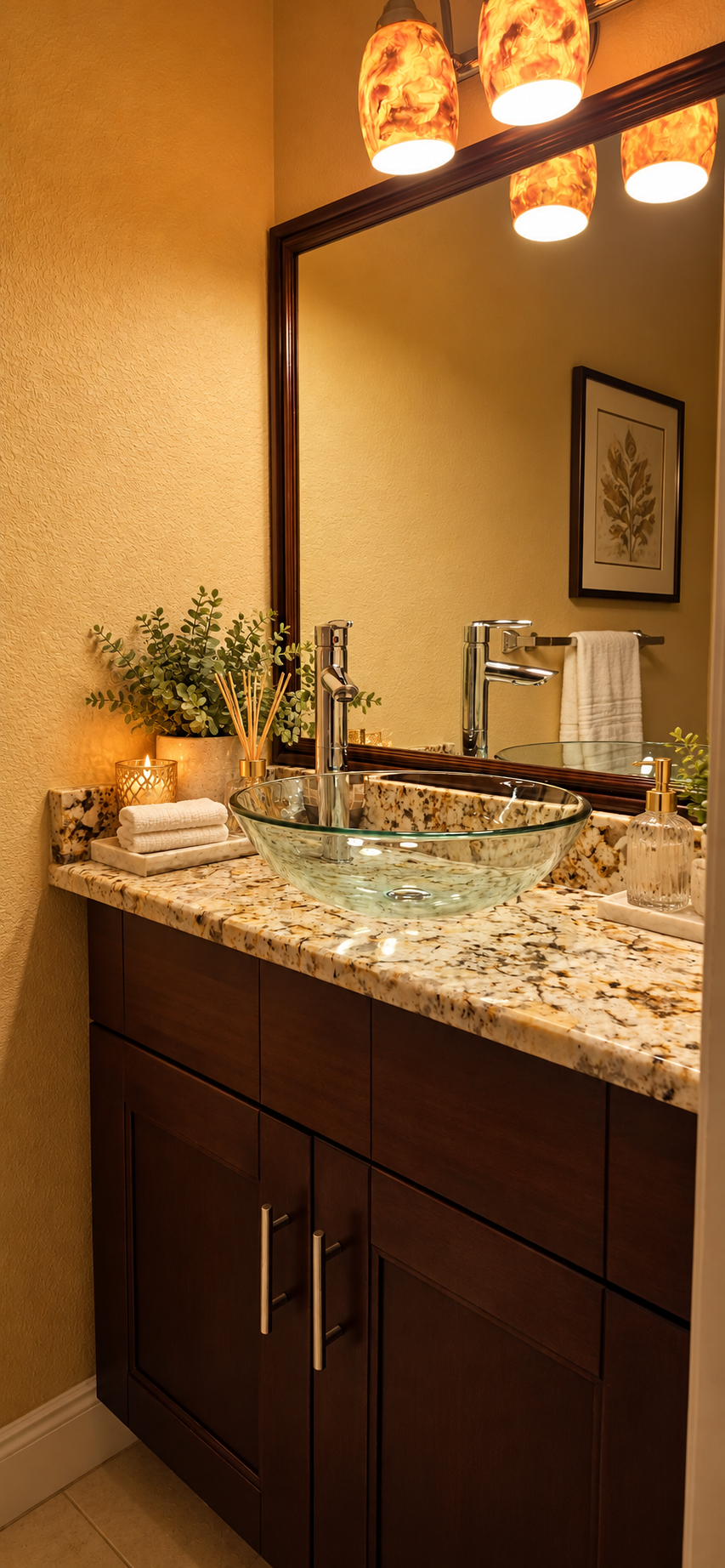 Half-bath powder room with artisan glass vessel sink and warm pendant lighting