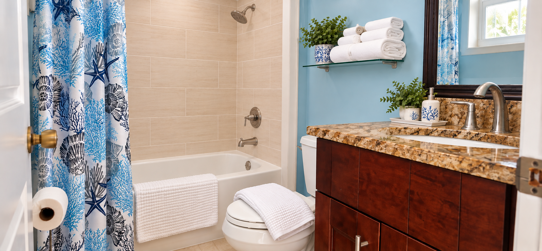 Full bathroom with granite vanity and bathtub-shower combination