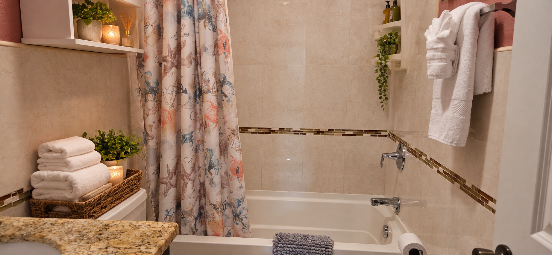 Shared guest bathroom for Bedrooms 2 & 3 with bathtub-shower combination and granite vanity