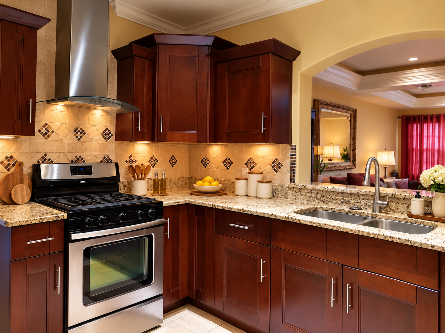 Spacious kitchen with cherry cabinetry and granite countertops