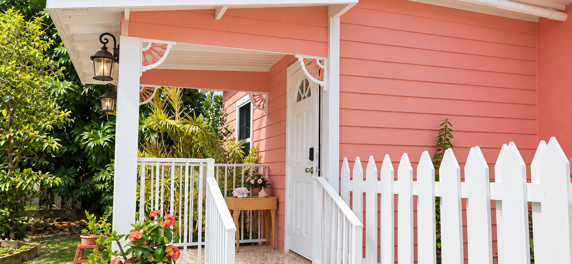 Charming pastel cottage entrance with white picket fence and covered porch