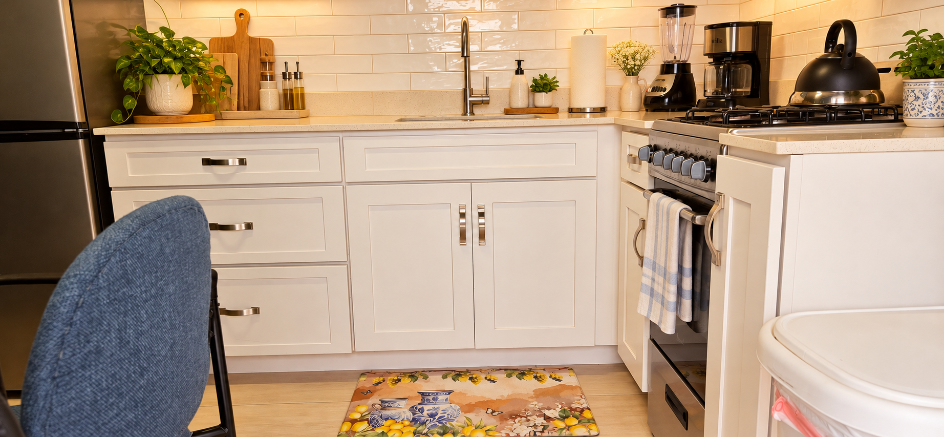Fully equipped kitchen with white cabinetry, subway tile, and modern appliances