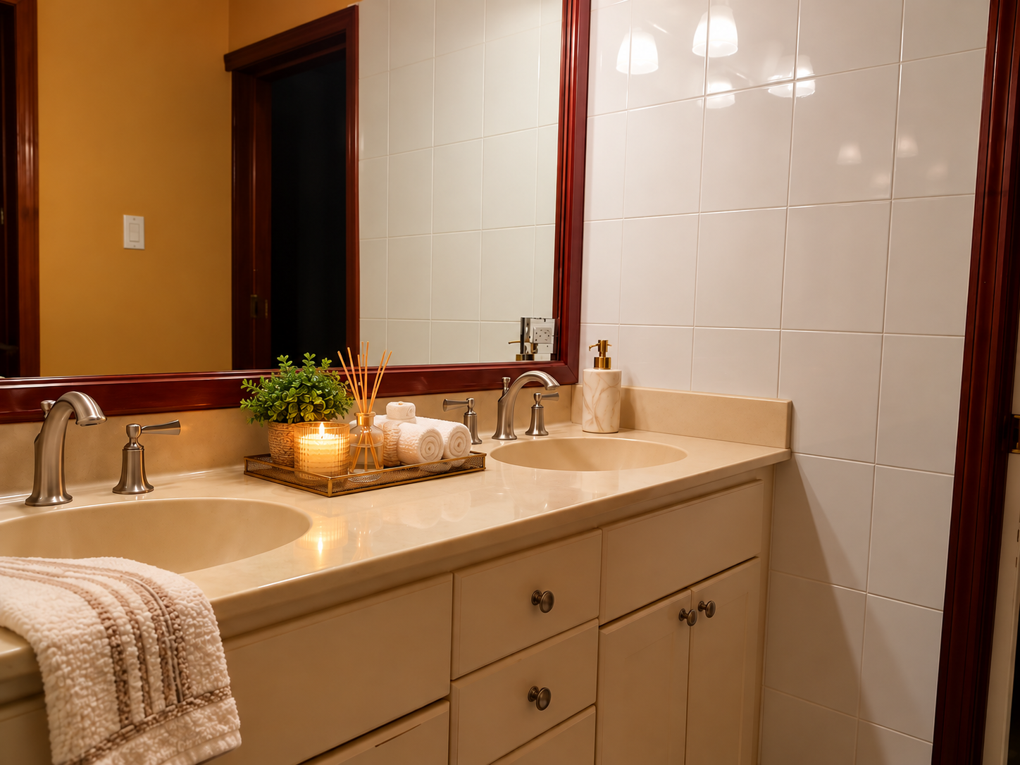 Spacious double vanity with warm ambient lighting, candle, and luxury amenities