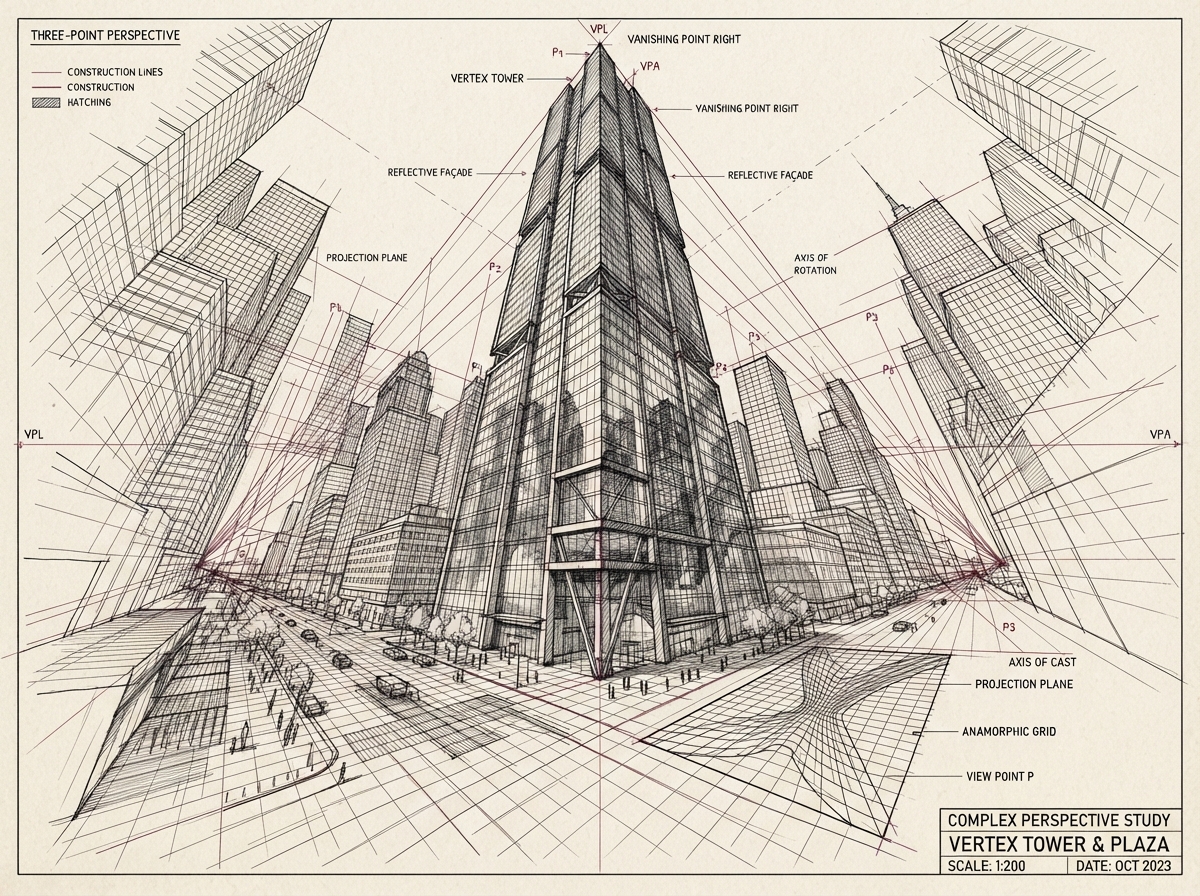 Advanced Perspective construction with three-point and multi-point perspective, reflections and shadows
