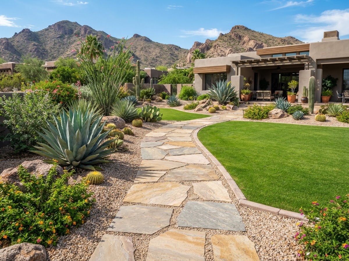 Manicured desert landscape with stone pavers and agave