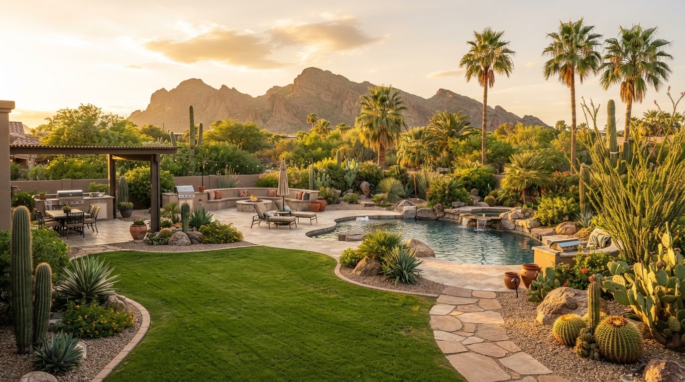 Landscaped Phoenix desert backyard at golden hour