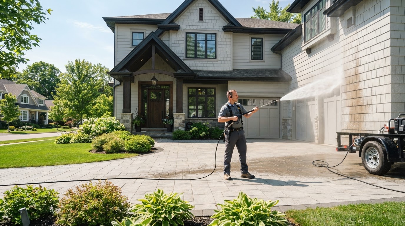Professional powerwashing technician cleaning the exterior siding of a modern upscale two-story home in bright daylight