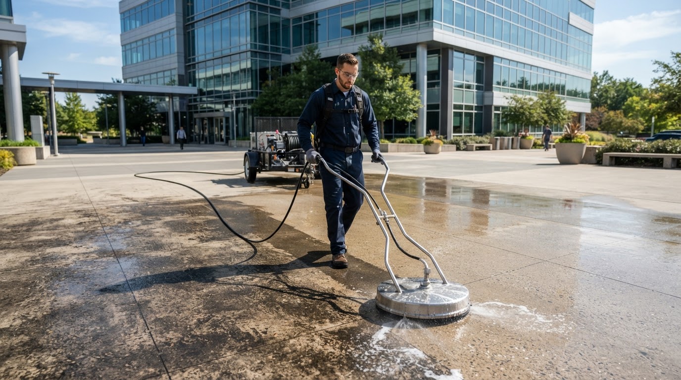 Professional-grade surface cleaner operating on commercial concrete