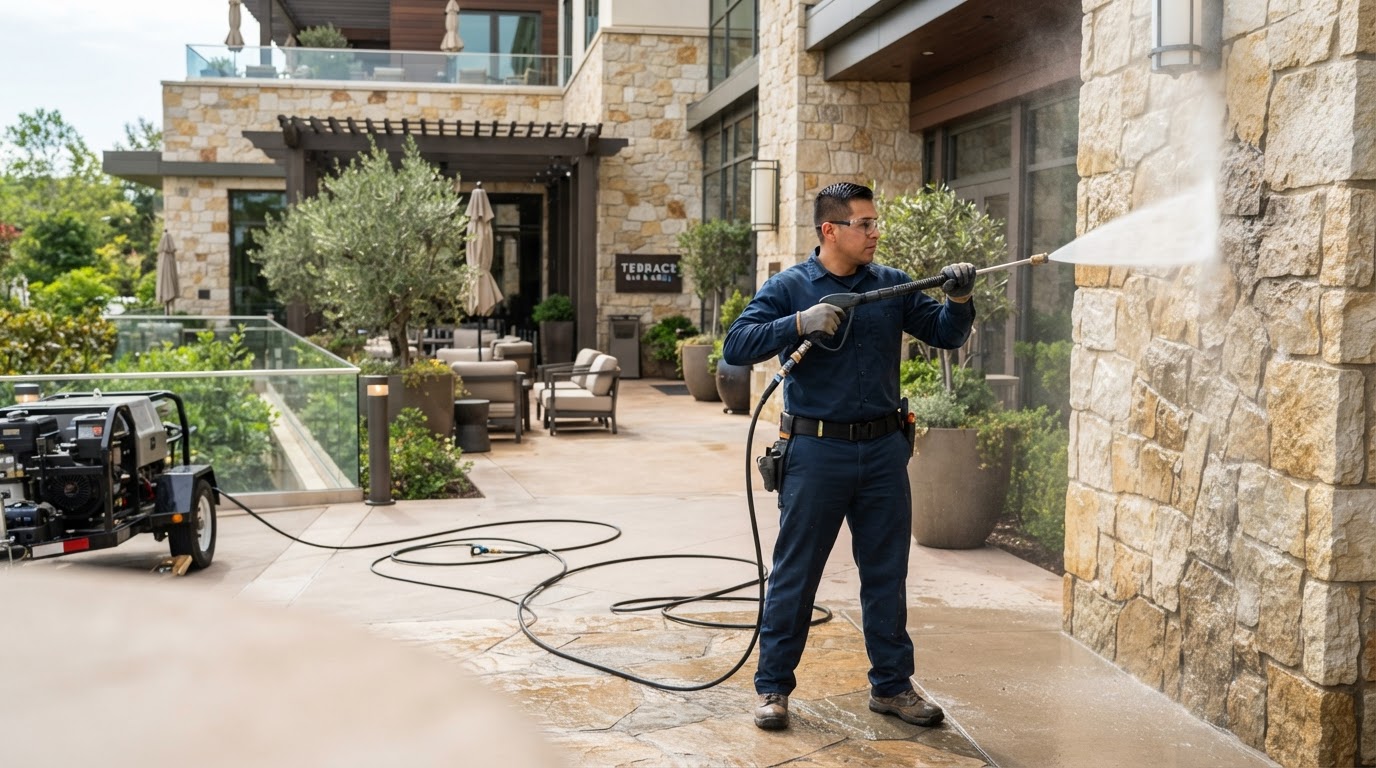 Skilled Hispanic technician precision pressure-washing architectural stone and facade on a luxury hospitality venue in daylight
