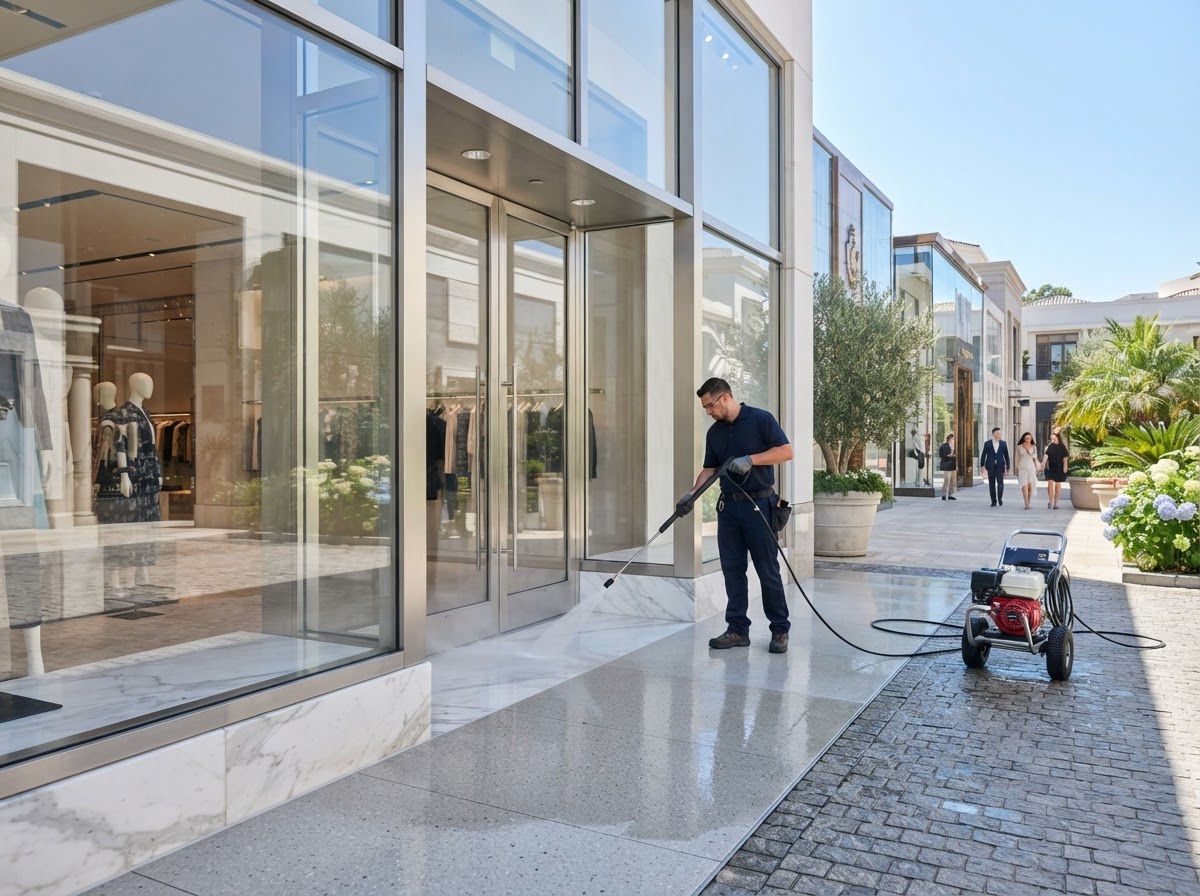 Commercial storefront entryway powerwashing and exterior maintenance