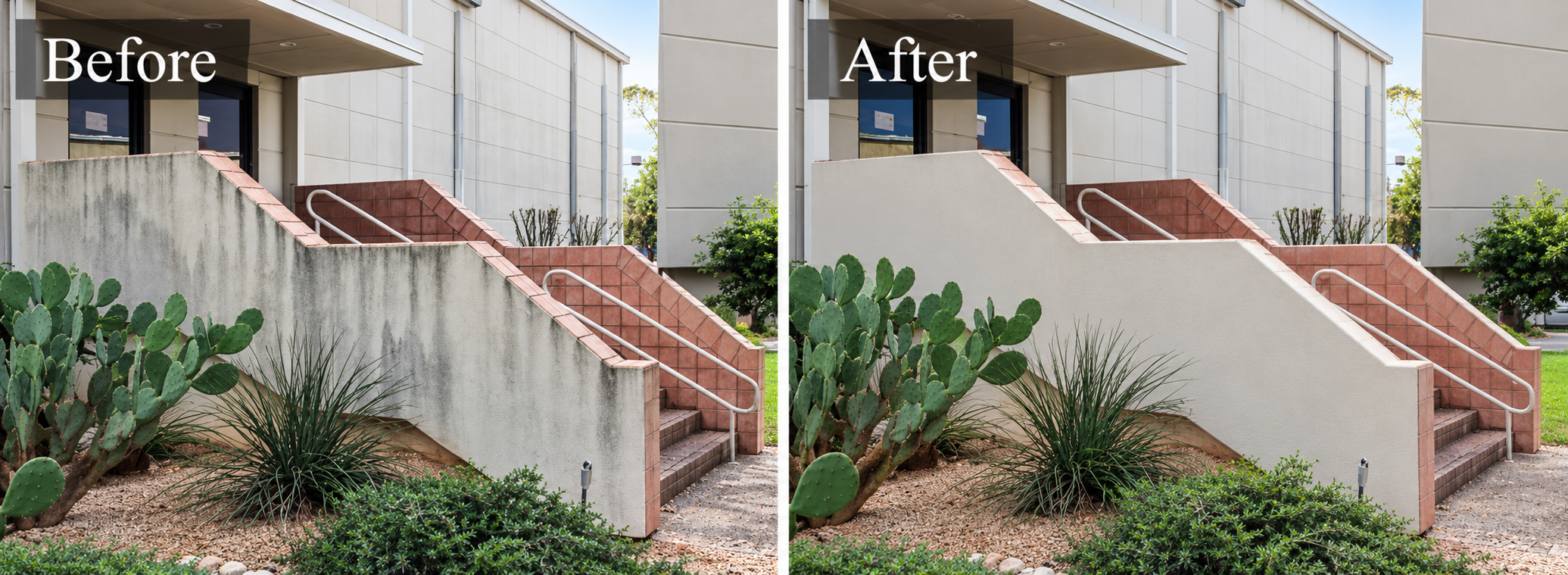 Before and after powerwashing of commercial building stucco stairway, entryway and architectural wall