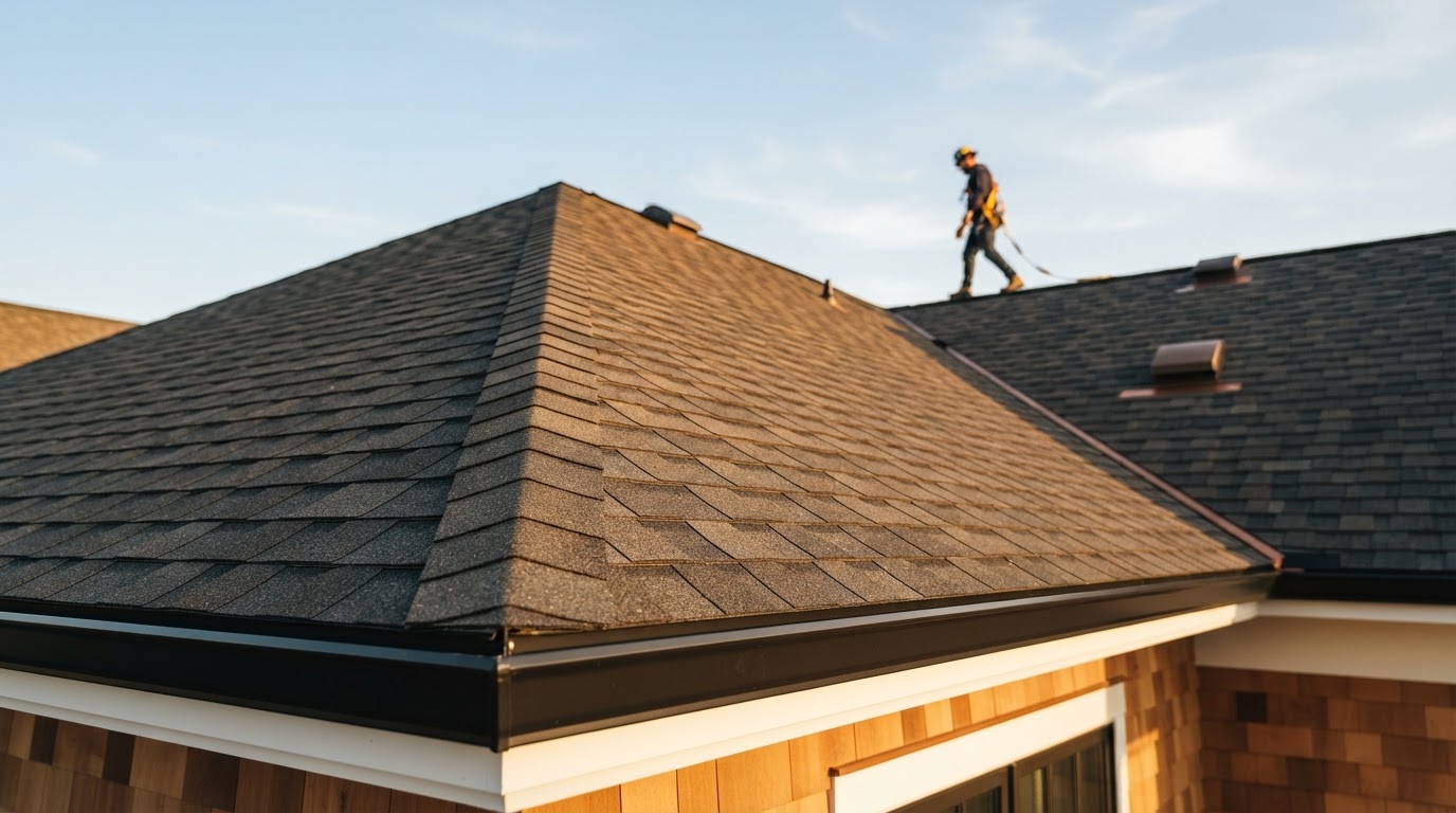 Residential roof with asphalt shingles in golden light