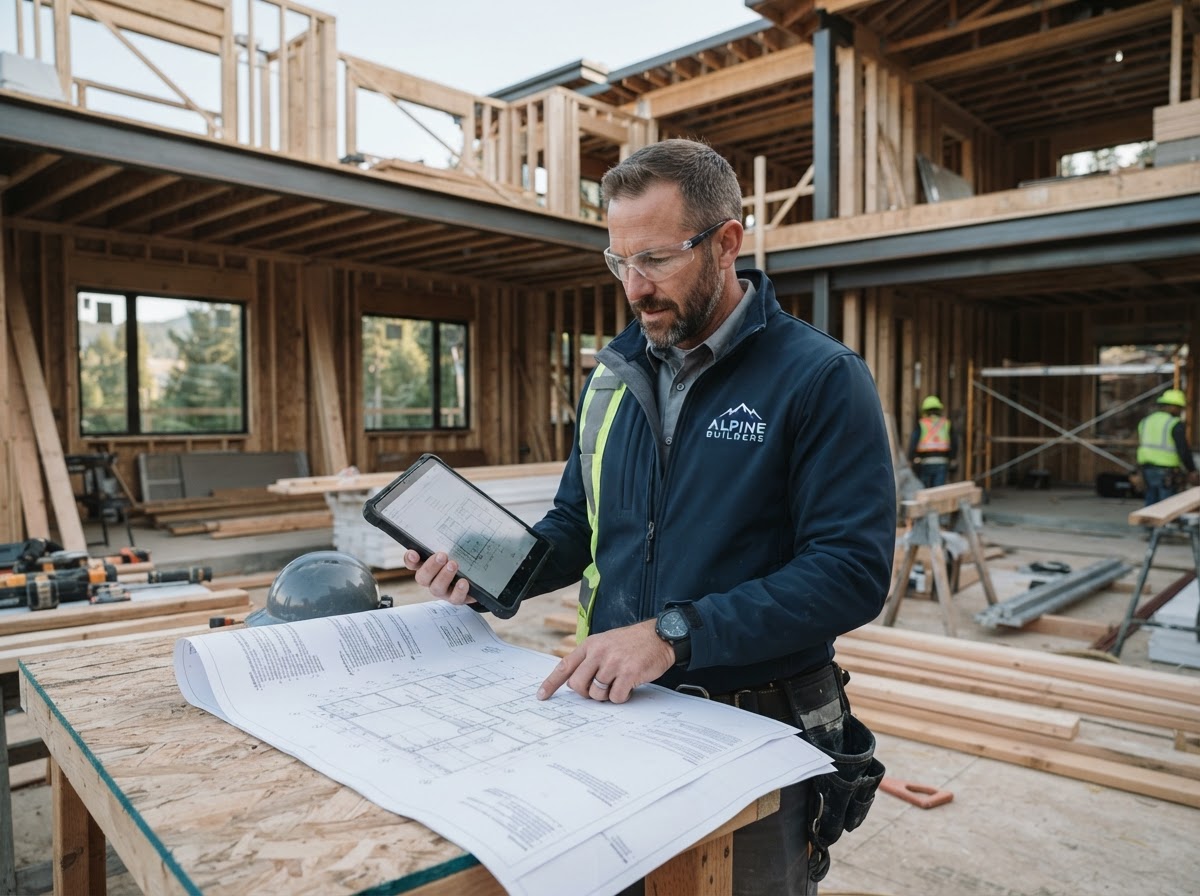 Contractor reviewing plans on a high-end residential jobsite