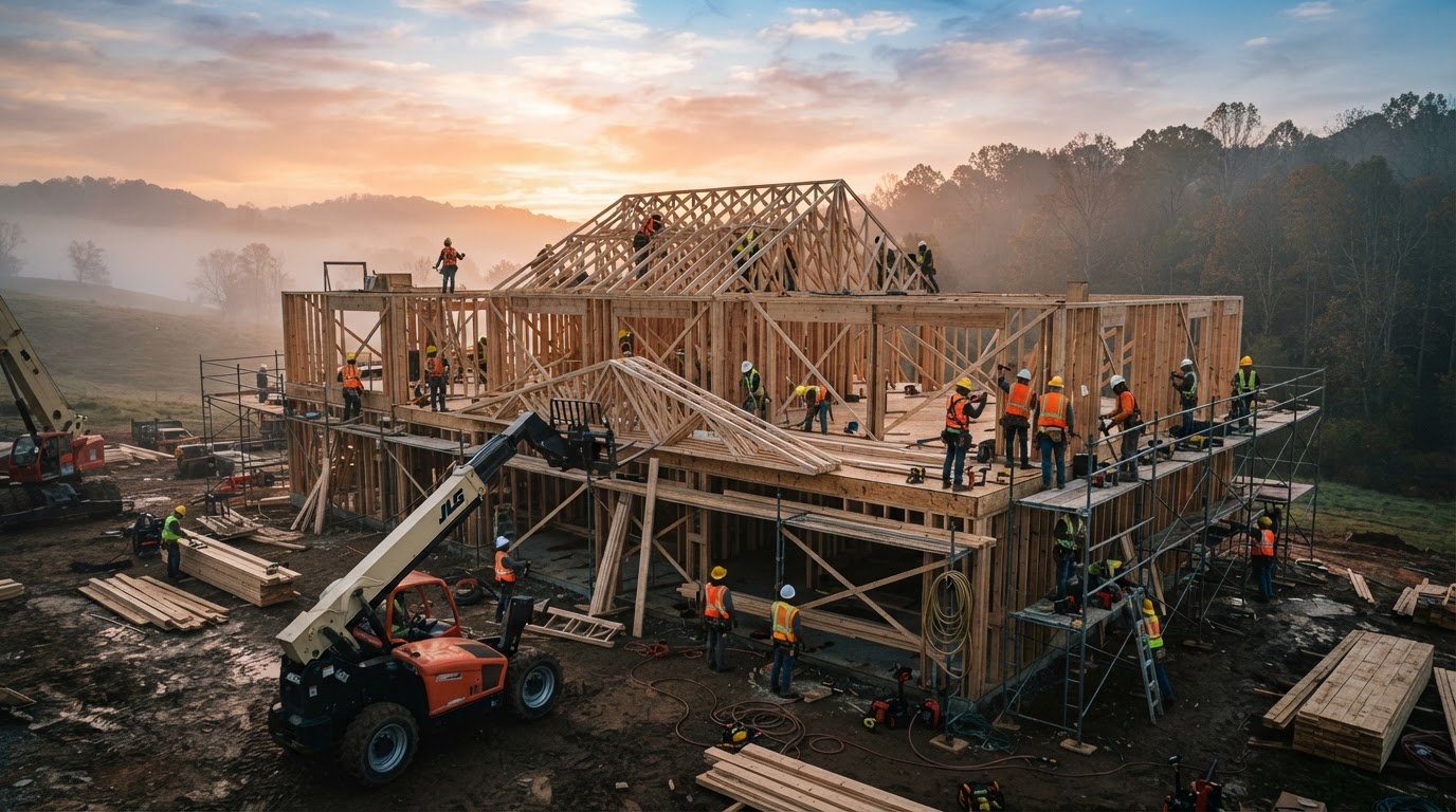 Professional framing crew working on a custom home frame