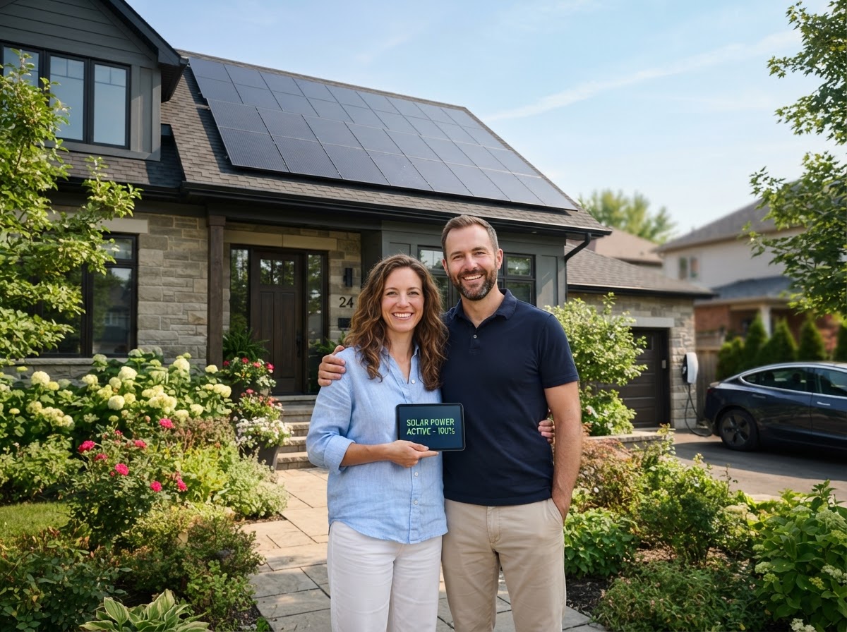 Happy homeowners with all-black solar panels on their roof