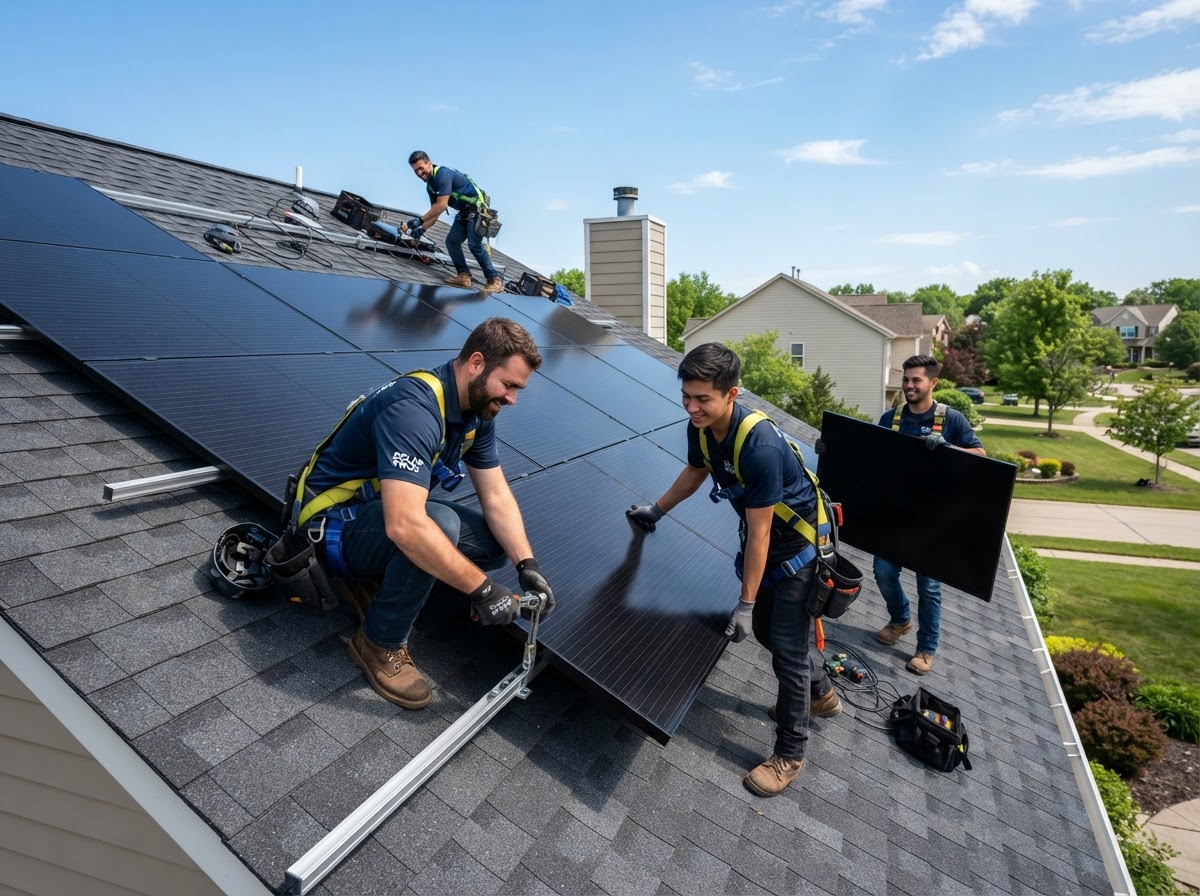 Solar installation crew installing all-black solar panels on a residential roof