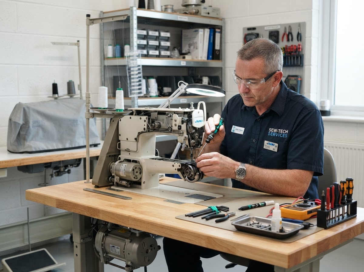 Technician servicing a sewing machine at Synergy Sewing Dapto