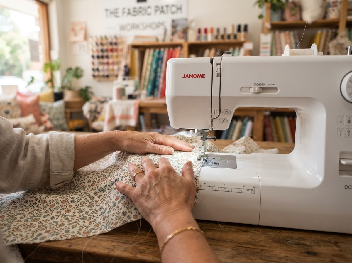 Hands guiding fabric through sewing machine