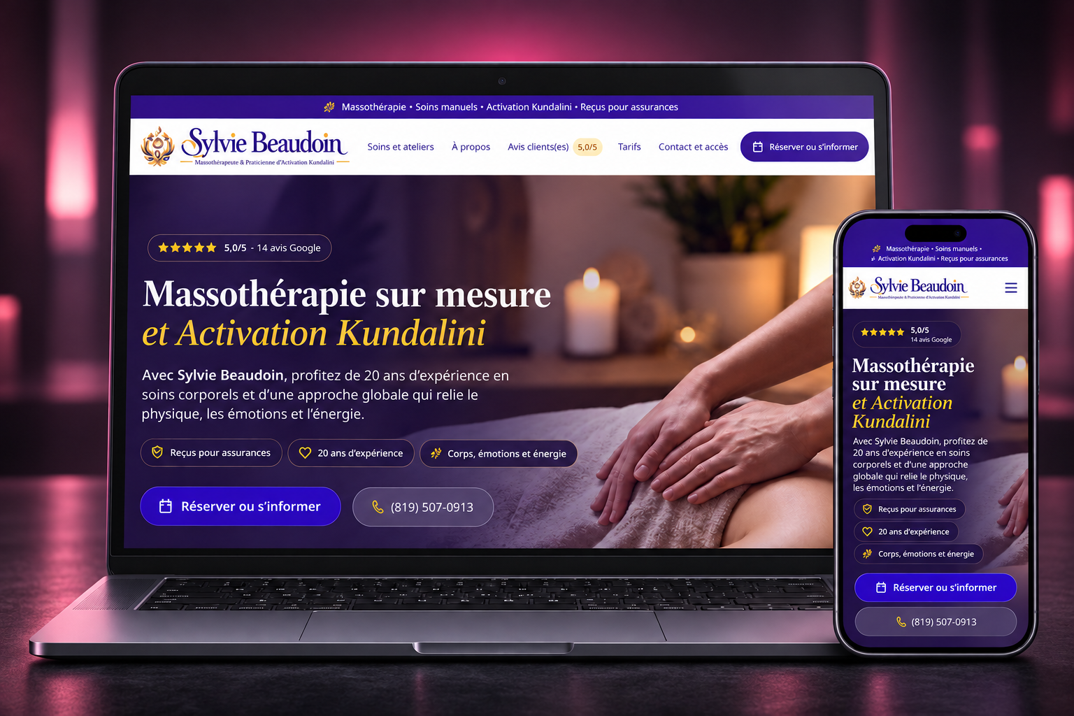 Site de Sylvie Beaudoin Massothérapie sur ordinateur et téléphone