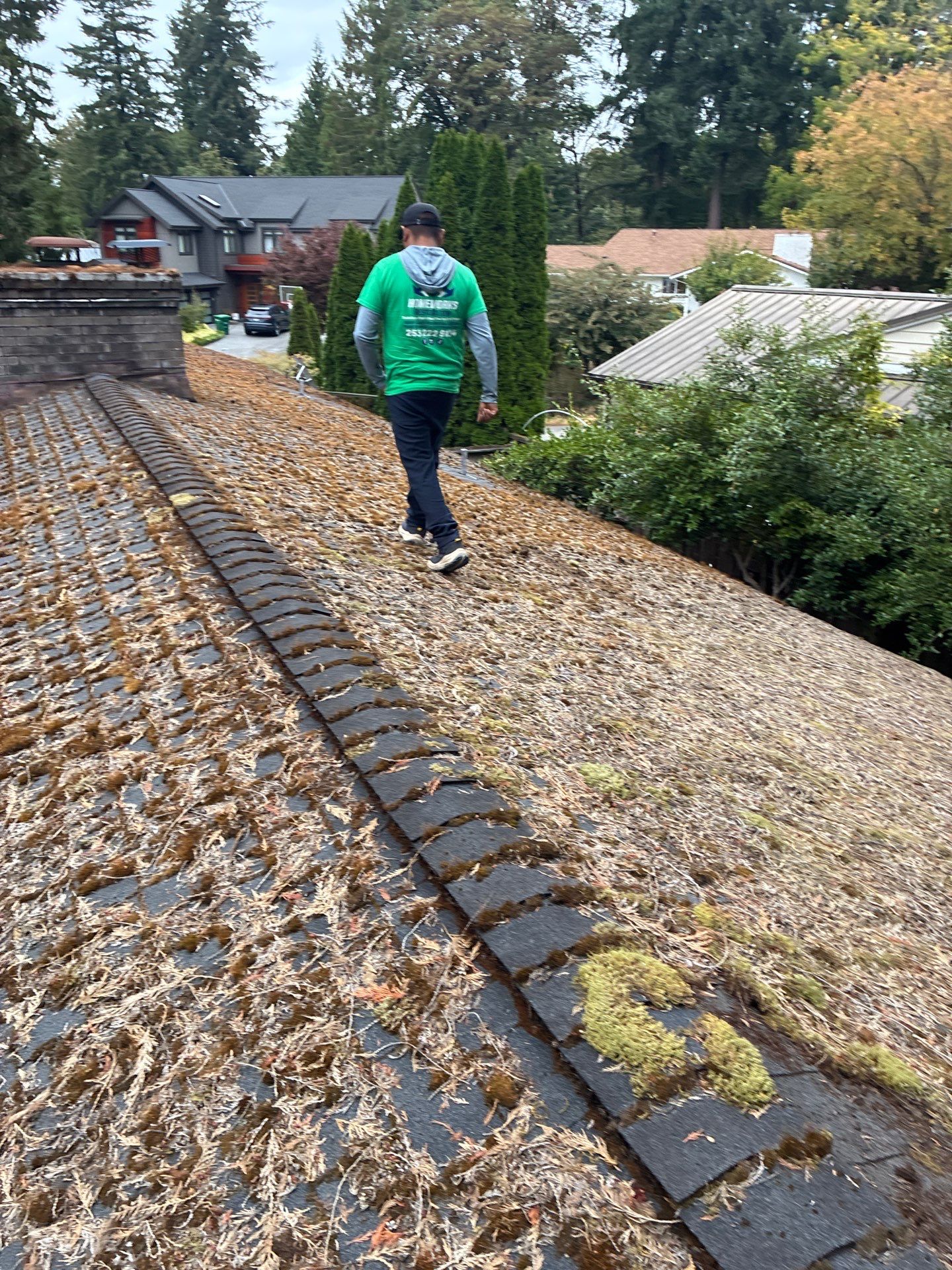 Homeworks Restoration exterior technician in green uniform clearing moss on a steep roof