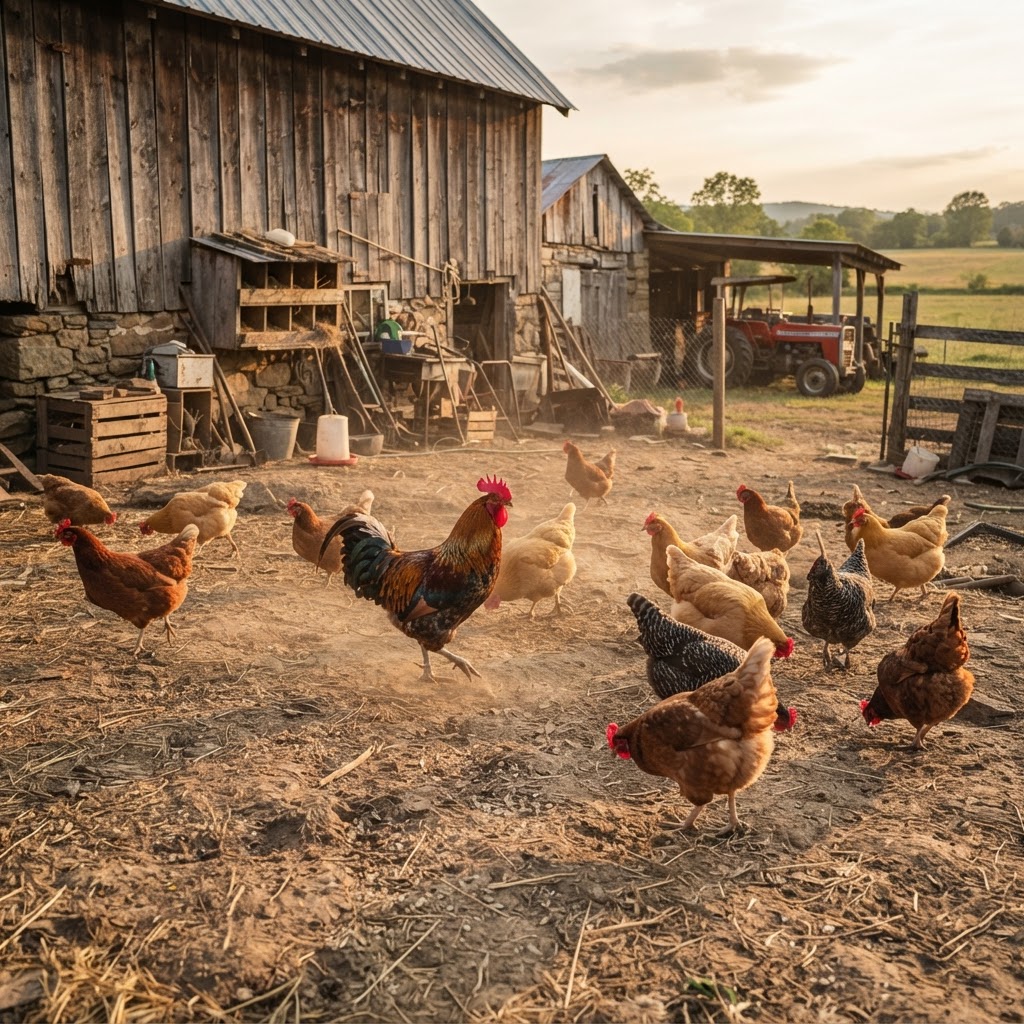Chickens and a rooster roaming the farmyard