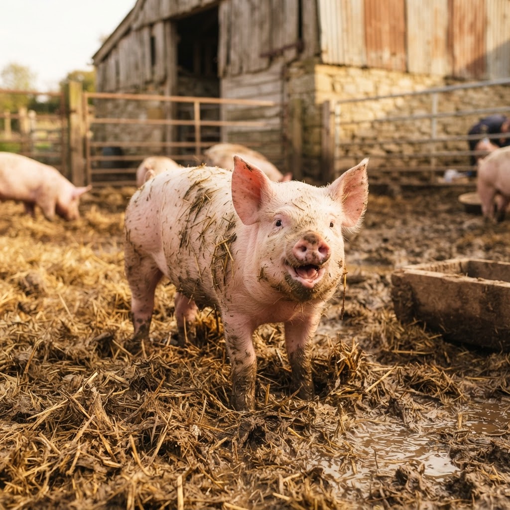 A happy pig at the farm