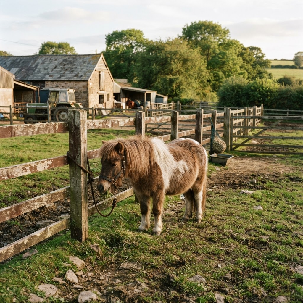 A small pony in a farm paddock