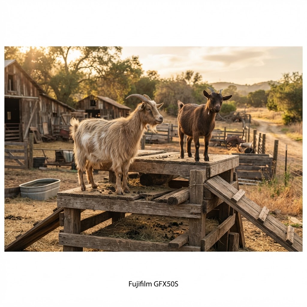 Goats standing on a wooden farm structure