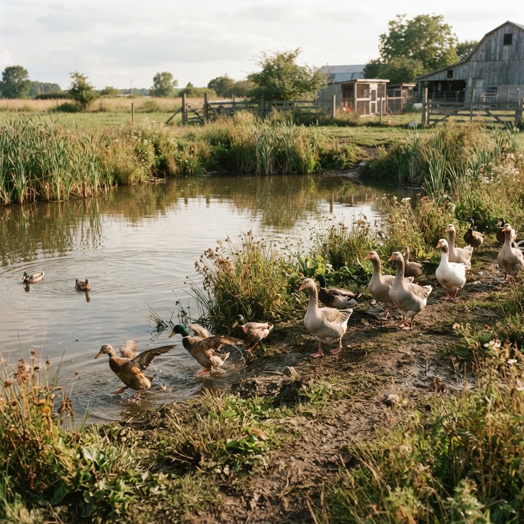 Ducks and geese near a farm pond