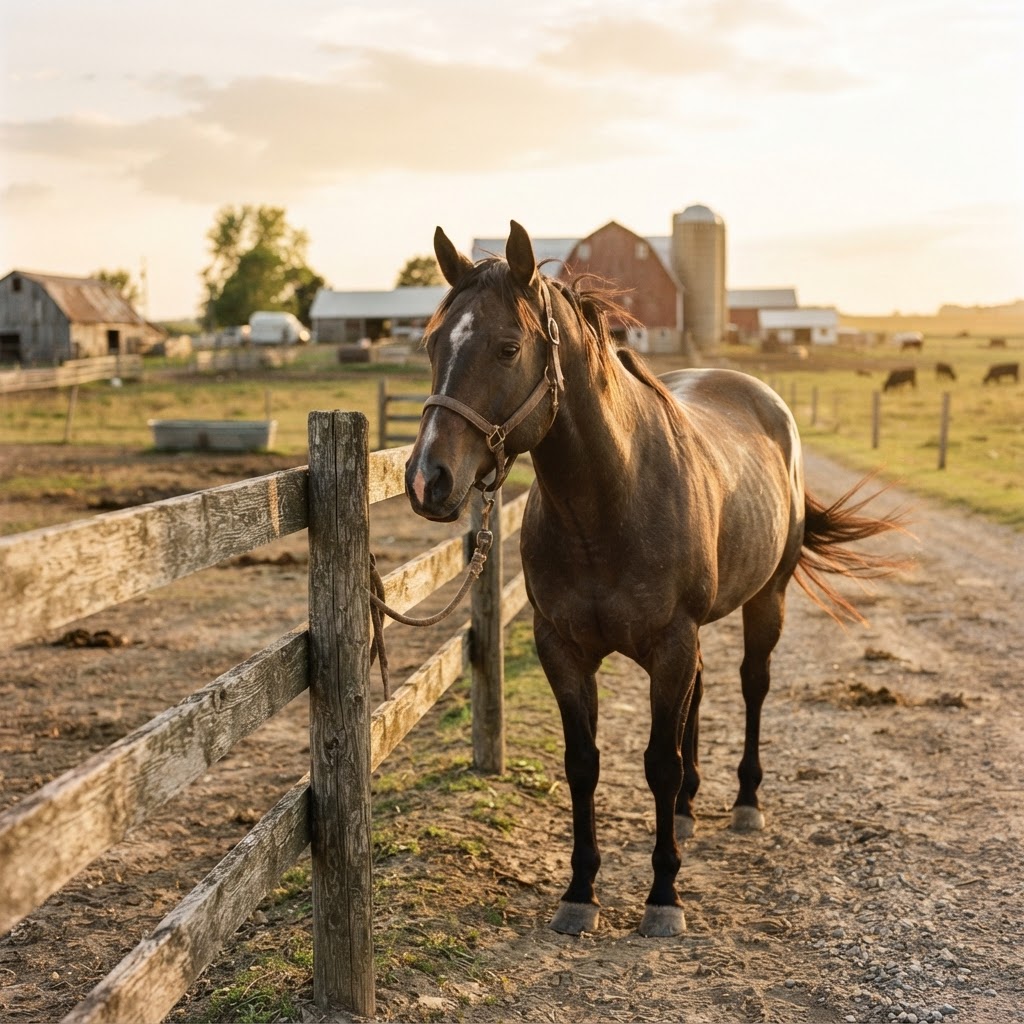 A horse standing near a wooden fence at the ranch