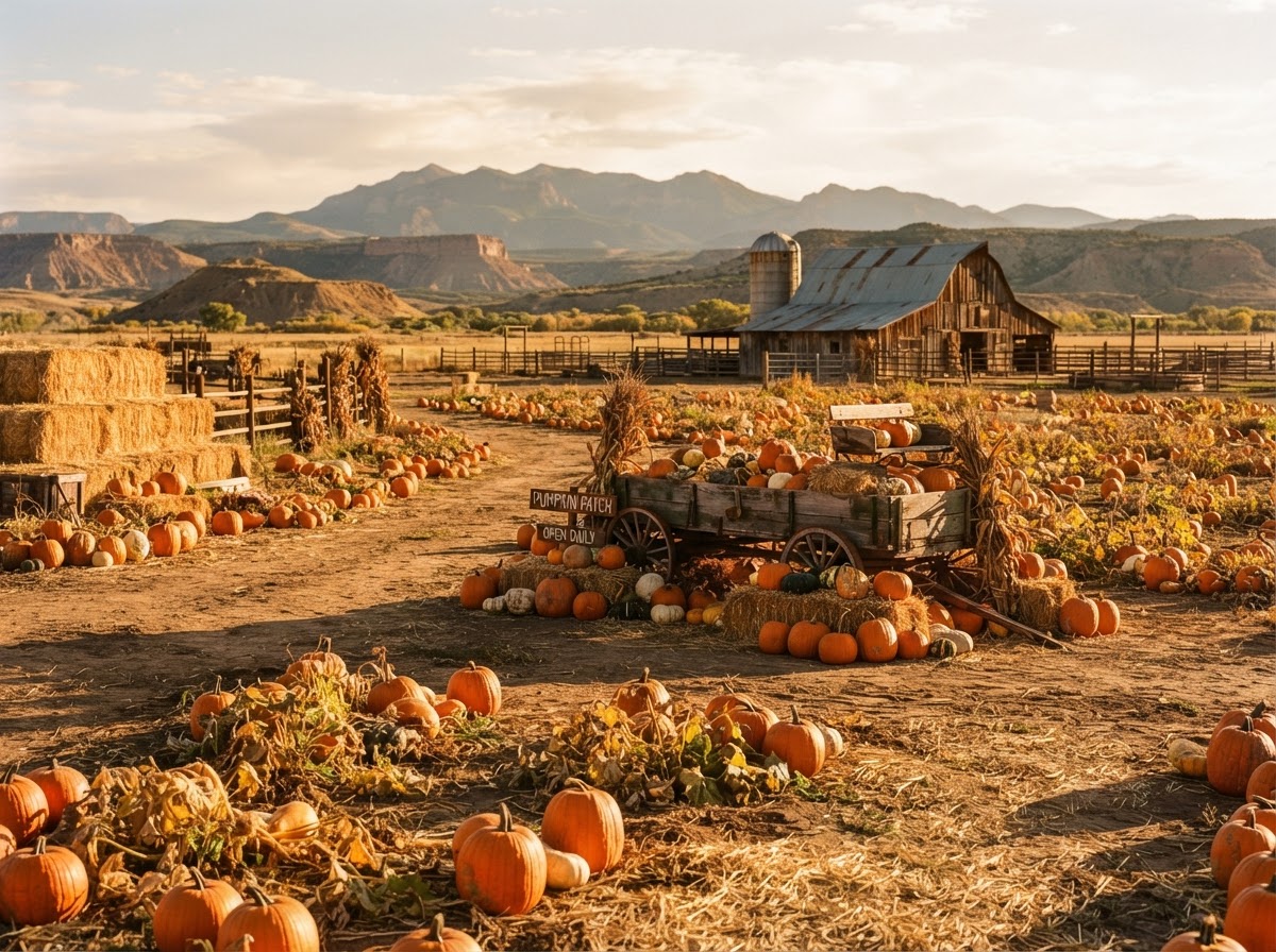 A rustic pumpkin patch at a family farm with haystacks and pumpkins