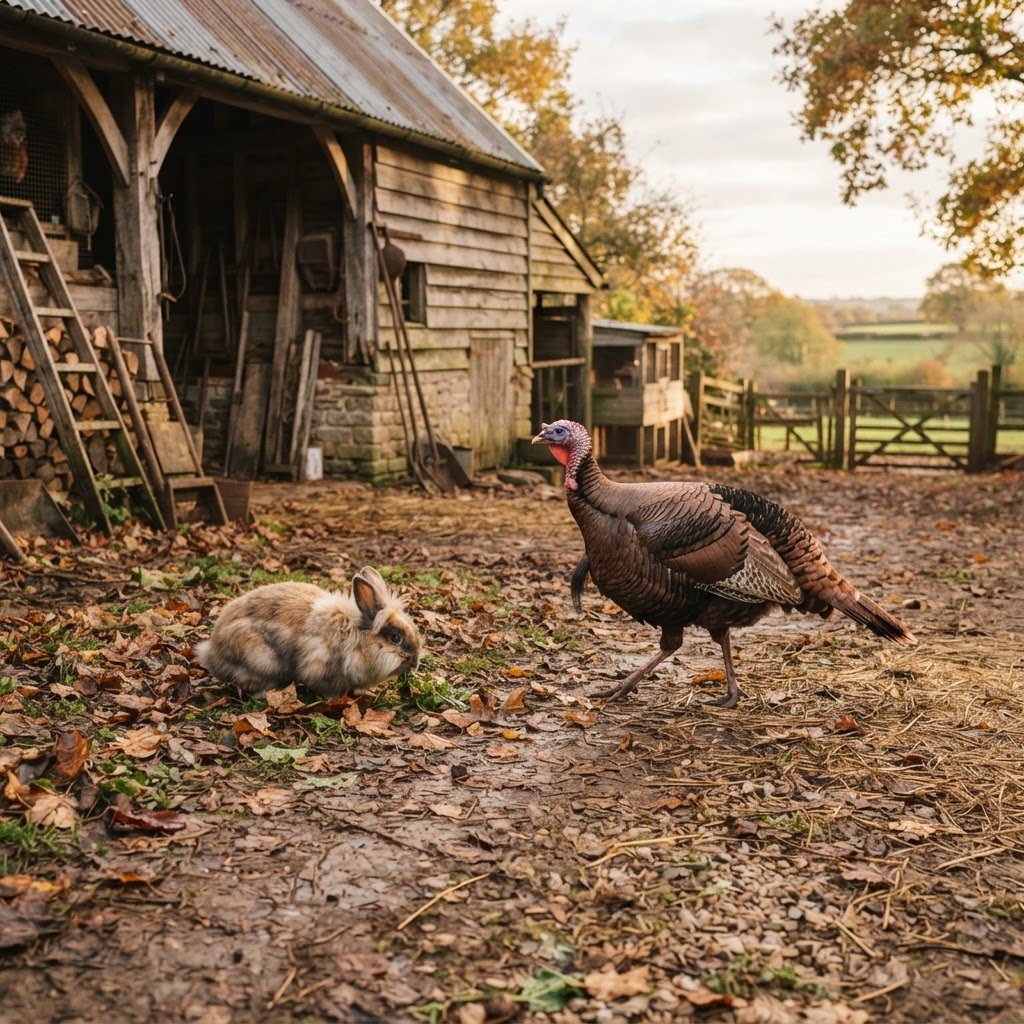 A rabbit and turkey roaming the farmyard