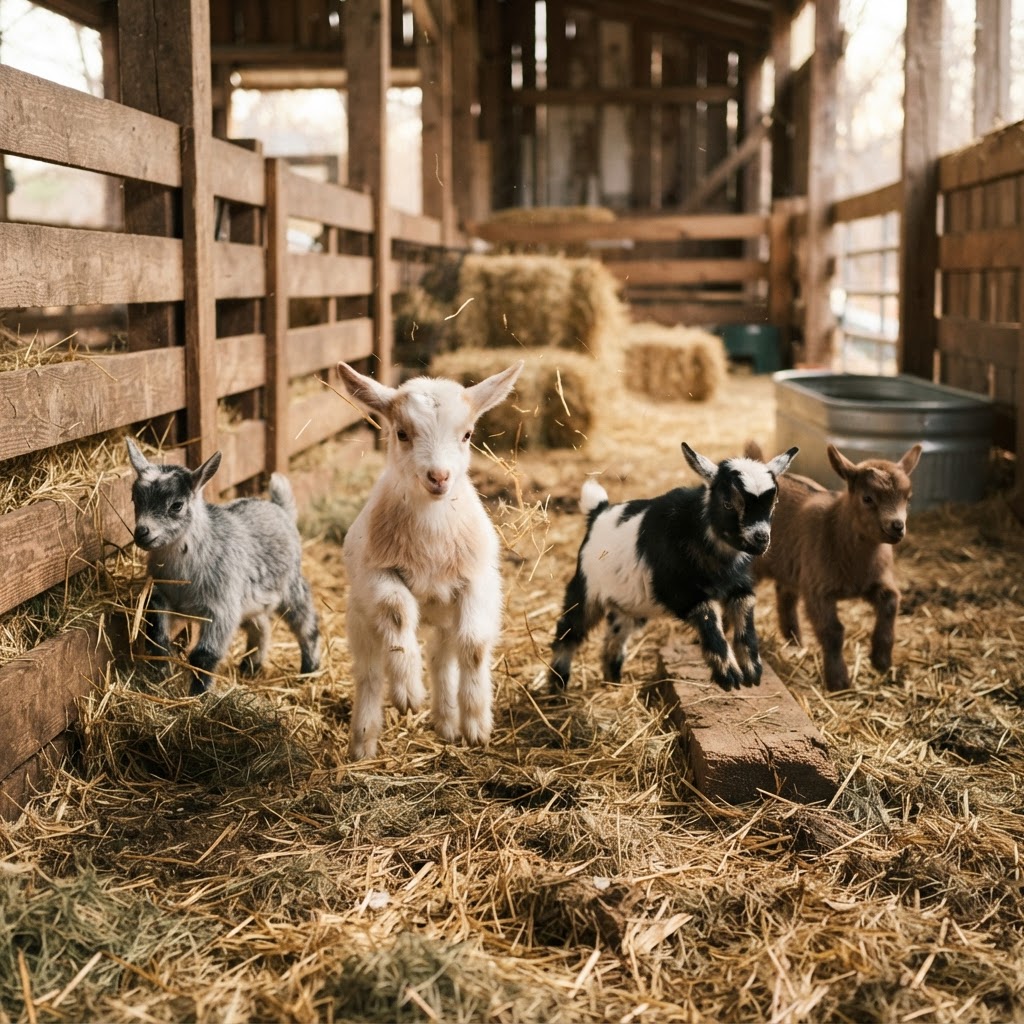 Baby goats playing in a farm pen