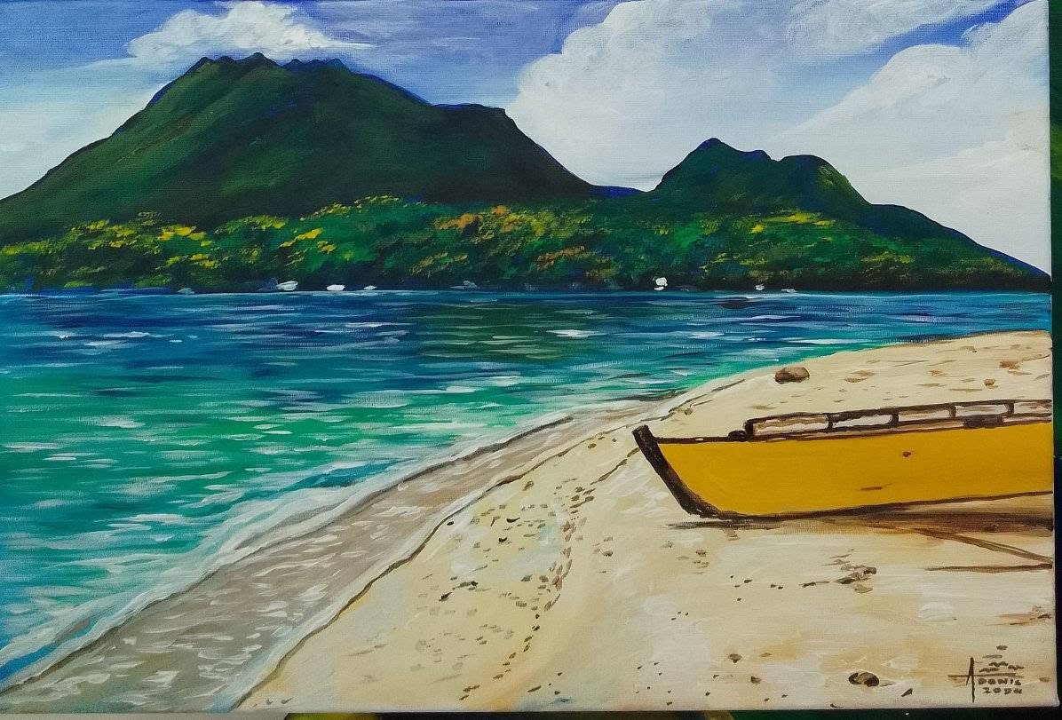 Island Shoreline & Sunlit Canoe — Emerald Ridges & Golden Hull