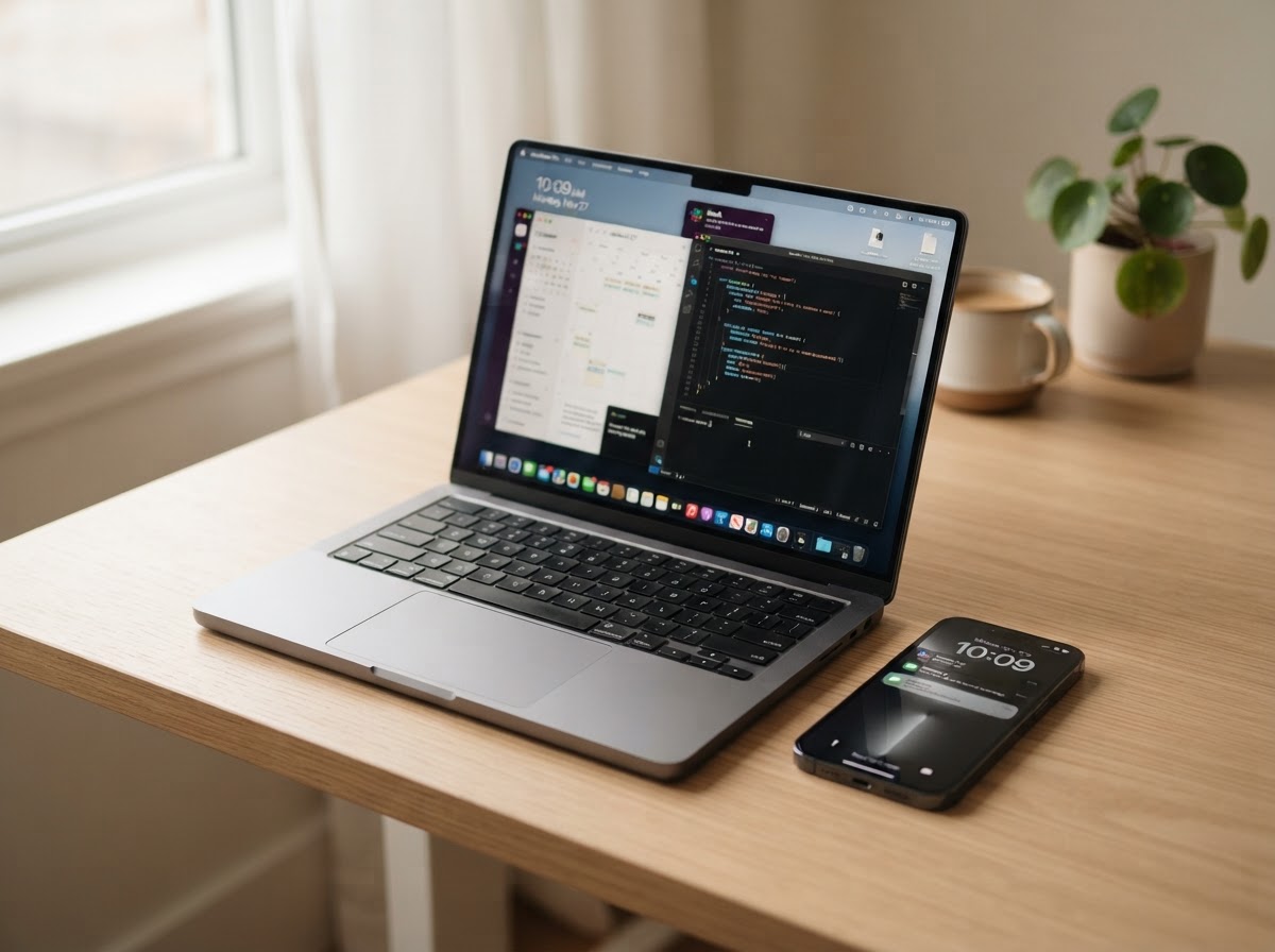 Macro close-up of a modern laptop and smartphone resting on a clean wooden desk
