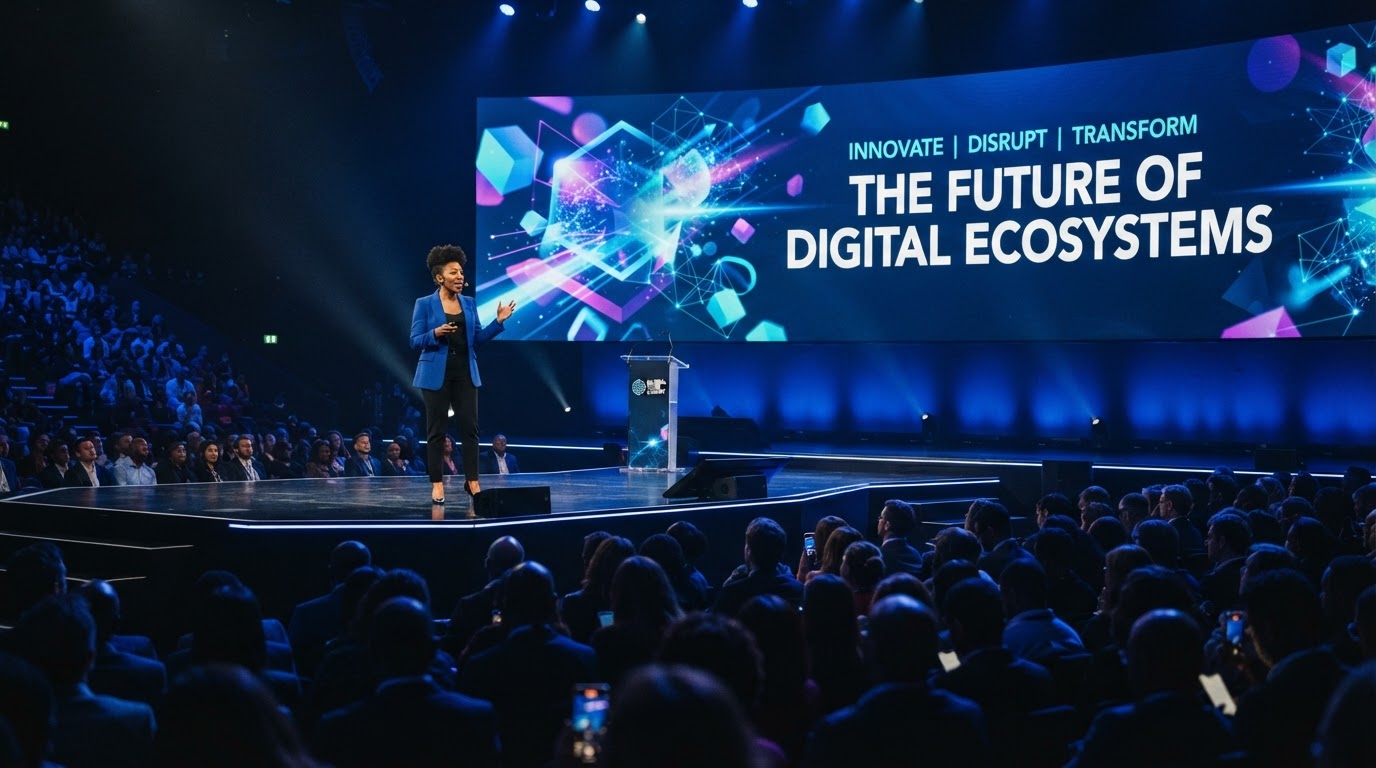 Gwen presenting beside a large stage screen
