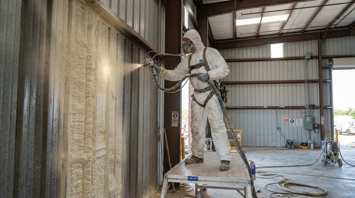 Installer applying closed-cell spray foam to the interior metal wall panels of a Cape Coral Florida metal building