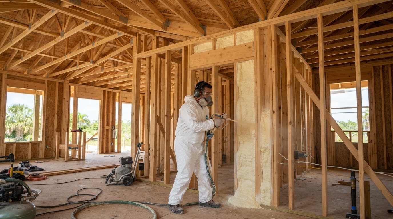 Spray foam installer working in clean residential framing near Gateway Florida