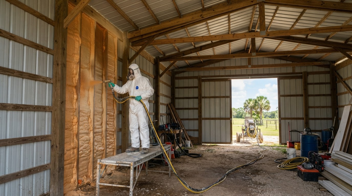 Professional spray foam installation in a metal building, pole barn, workshop, or residential structure near LaBelle Florida