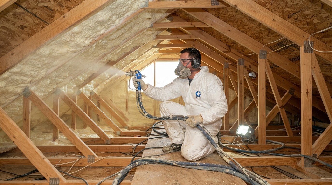 Spray foam insulation being installed in a Cape Coral Florida attic