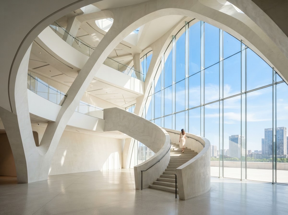 Arquitectura moderna con curvas luminosas y sensación de avance