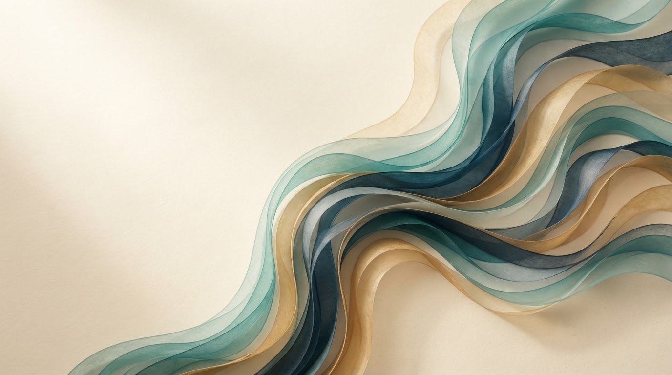 Abstract flowing currents in teal, ink-blue and sandstone gold representing one connected business.