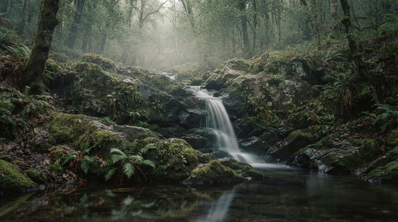 A quiet waterfall in soft morning light