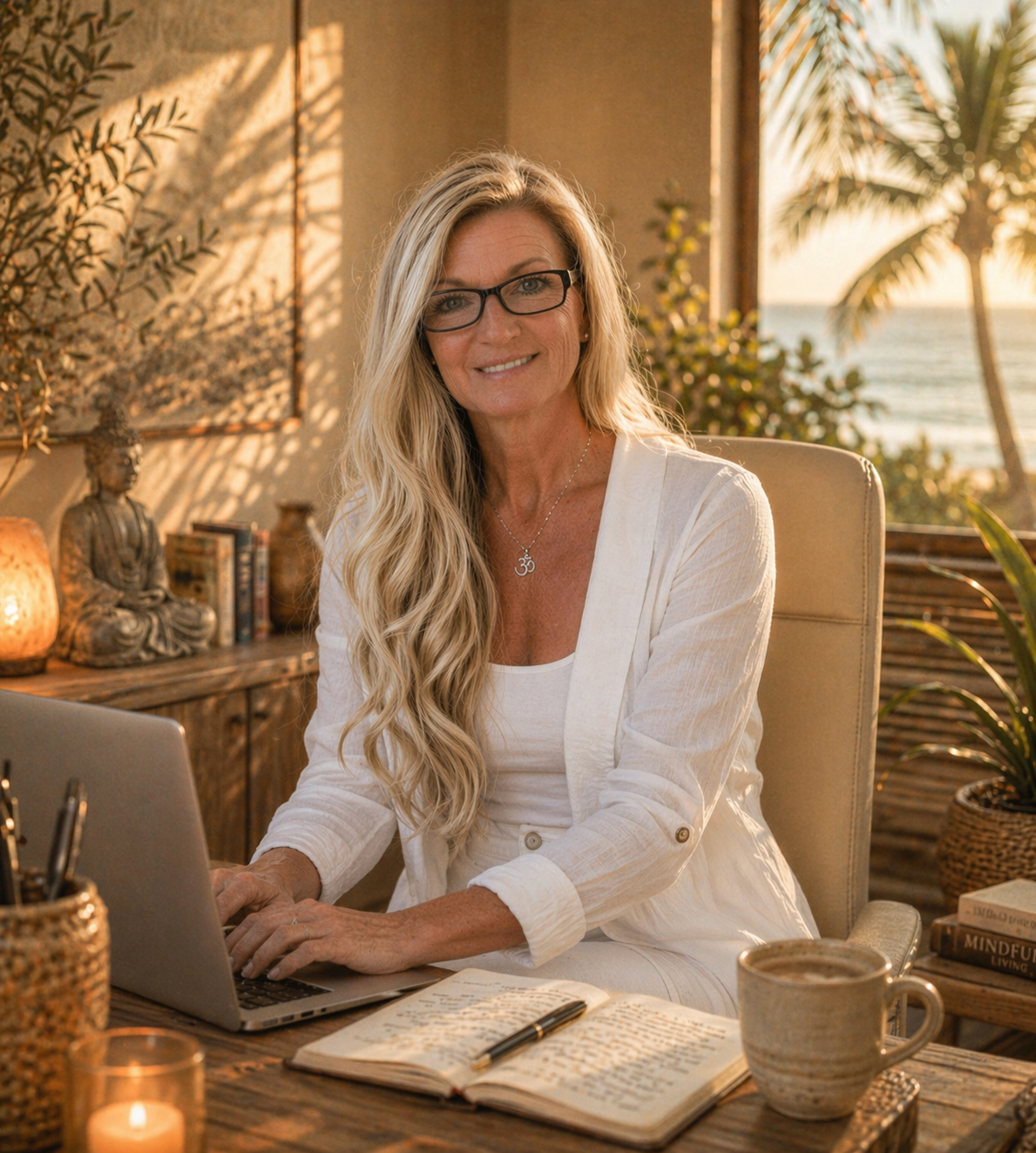 Brenda Voutour, MIDlife Coach, seated at a warm wooden table in soft natural light
