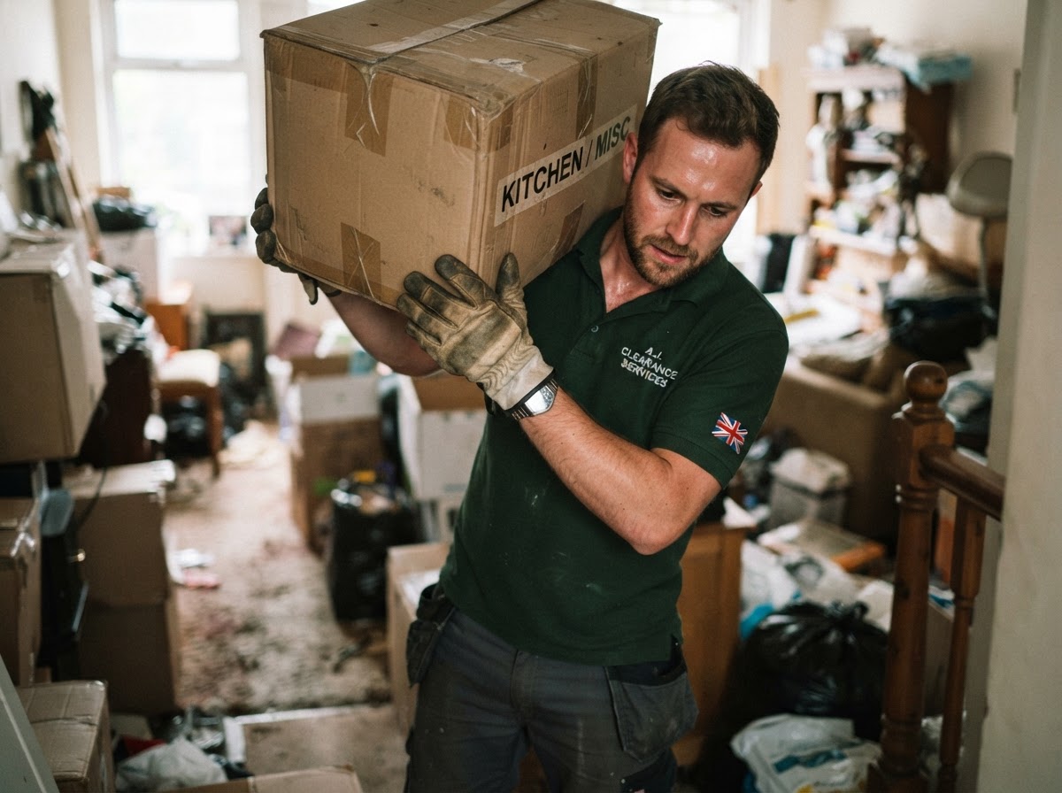 A clearance worker lifting a cardboard box during a property clearance