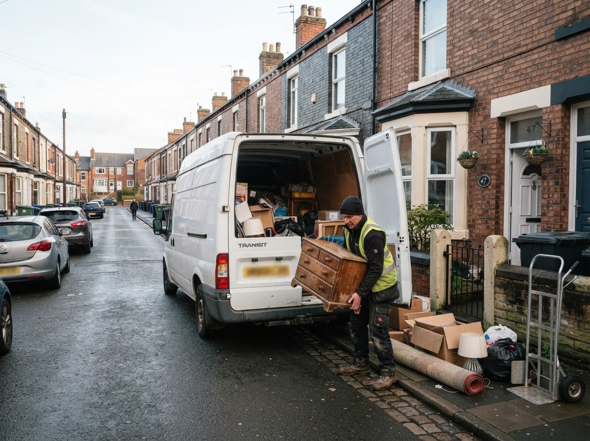Clearance van with rear doors open loading household items on a residential job
